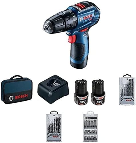 Bosch Professional 12V System batteridrevet slagbore-/skruemaskine GSB 12V-30 (inkl. 2x2.0 Ah batteri, oplader GAL 1240 CV, 7-dels træbørsæt, 7-dels metalborsæt, 25-dels bitsæt, værktøjskuffert)