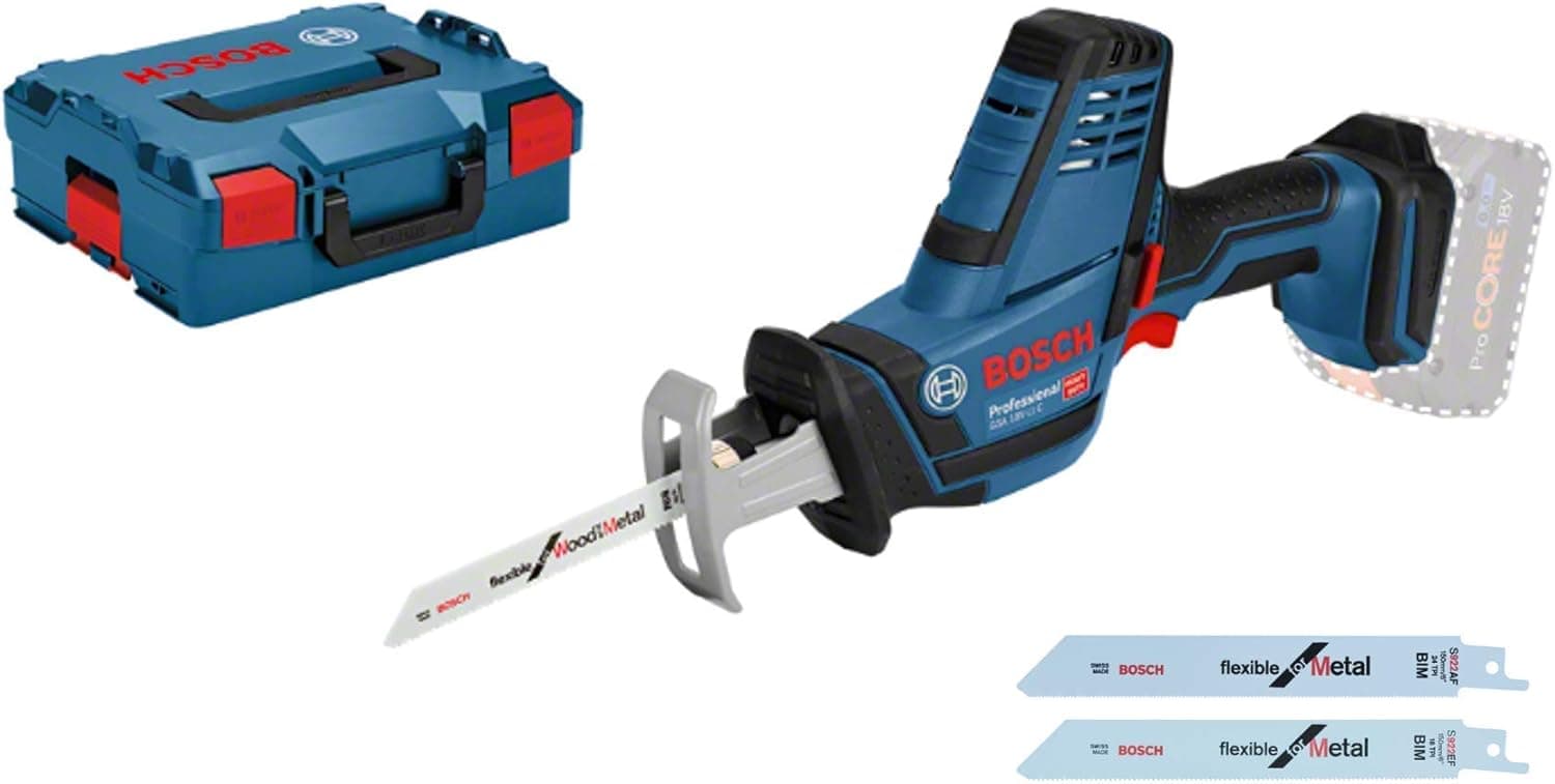 Bosch Professional 18V systembatteri tilbagegående sav GSA 18 V-LI C (kompakt version, inkl. 3x tilbagegående savklinge, uden batteri/oplader, L-BOXX)