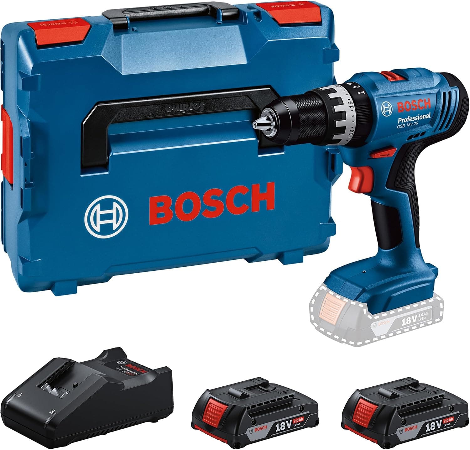 Bosch Professional 18V System batteridrevet slagbore-/skruemaskine GSB 18V-25 (maks. skrue-Ø 10 mm, med 2 batterier GBA 2,0 Ah, GAL 18V-40, L-BOXX)